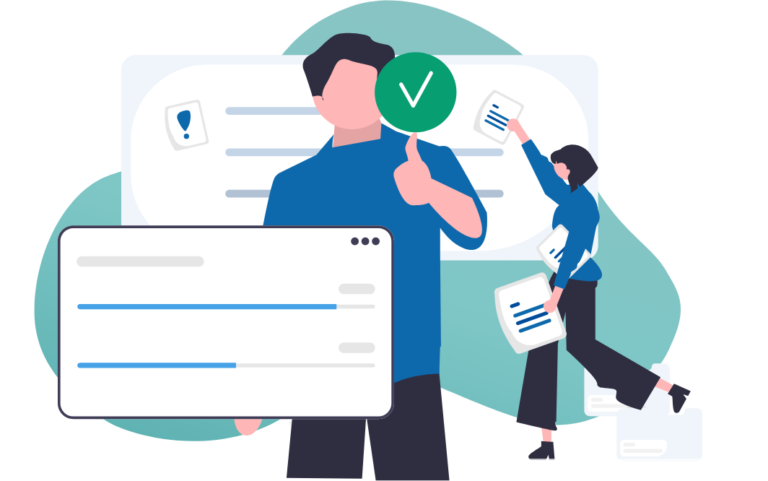 Illustration of man giving thumbs up and woman pointing to data