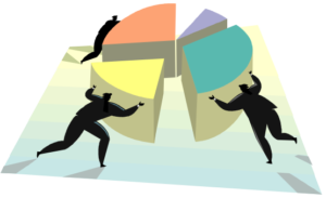 Depiction of 3 people holding 3 sections of a pie chart to complete a whole chart