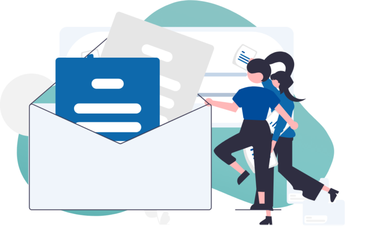 Illustration of two people standing next to a large envelope with two papers coming out