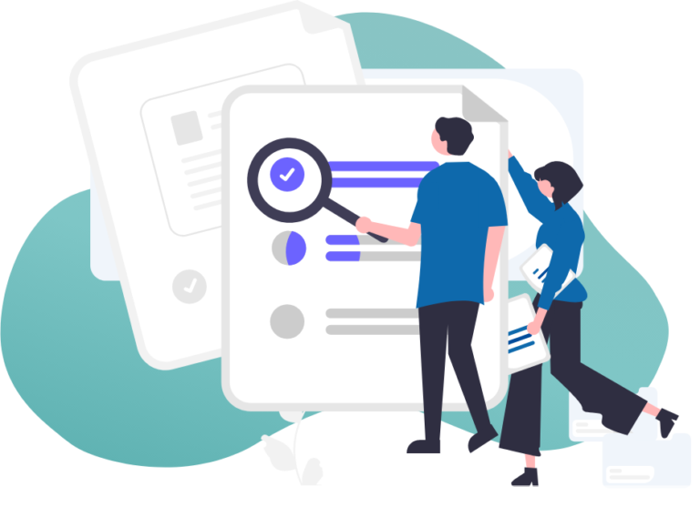 Illustration of two people looking at a document with data