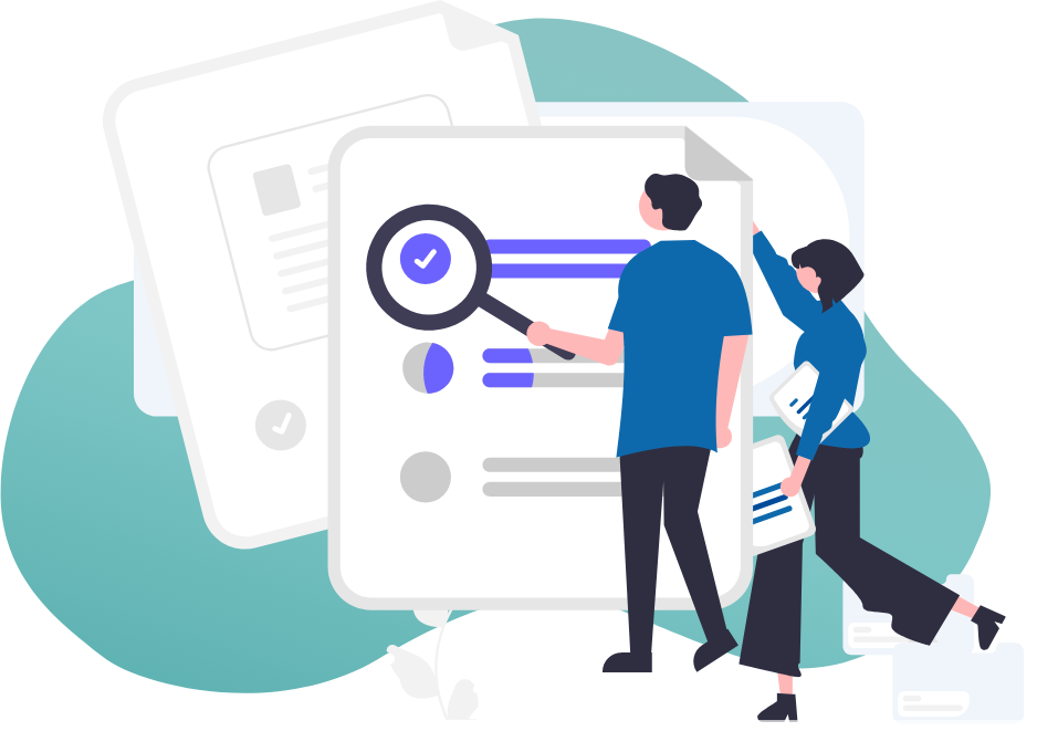 Illustration of two people looking at a document with data