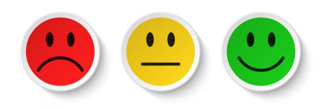 Red sad face, yellow neutral face, green happy face