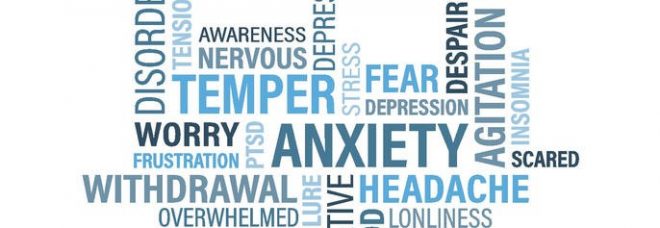 Word collage includes words such as anxiety, withdrawal, headache, temper, scared, overwhelmed.