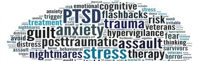 Word collage including "PTSD, anxiety, trauma, stress, therapy, nightmares, guilt, assault, hypervigilance"
