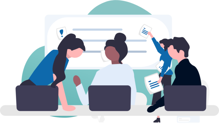 Illustration of four people looking at abstract data on a white board