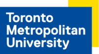 Toronto Metropolitan University in white on a blue rectangle with a smaller yellow rectangle behind hit