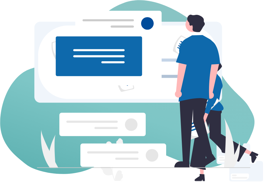 Illustration of two people looking at a document with data