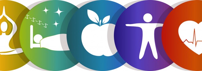 Colourful icons depicting a healthy lifestyle, including meditation, sleep, healthy eating, and stretching.