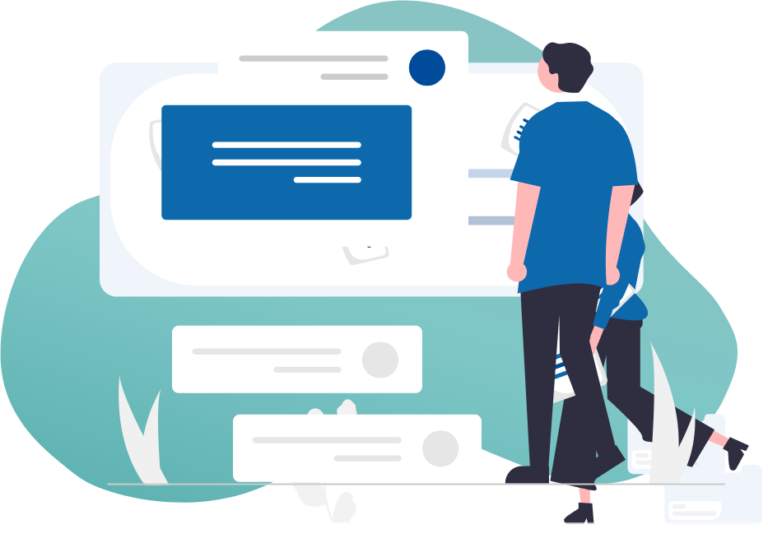 Illustration of two people looking at a document with data