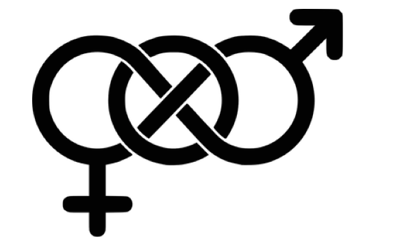 Male and female symbol twisted together in an infinity loop with a circle in the middle